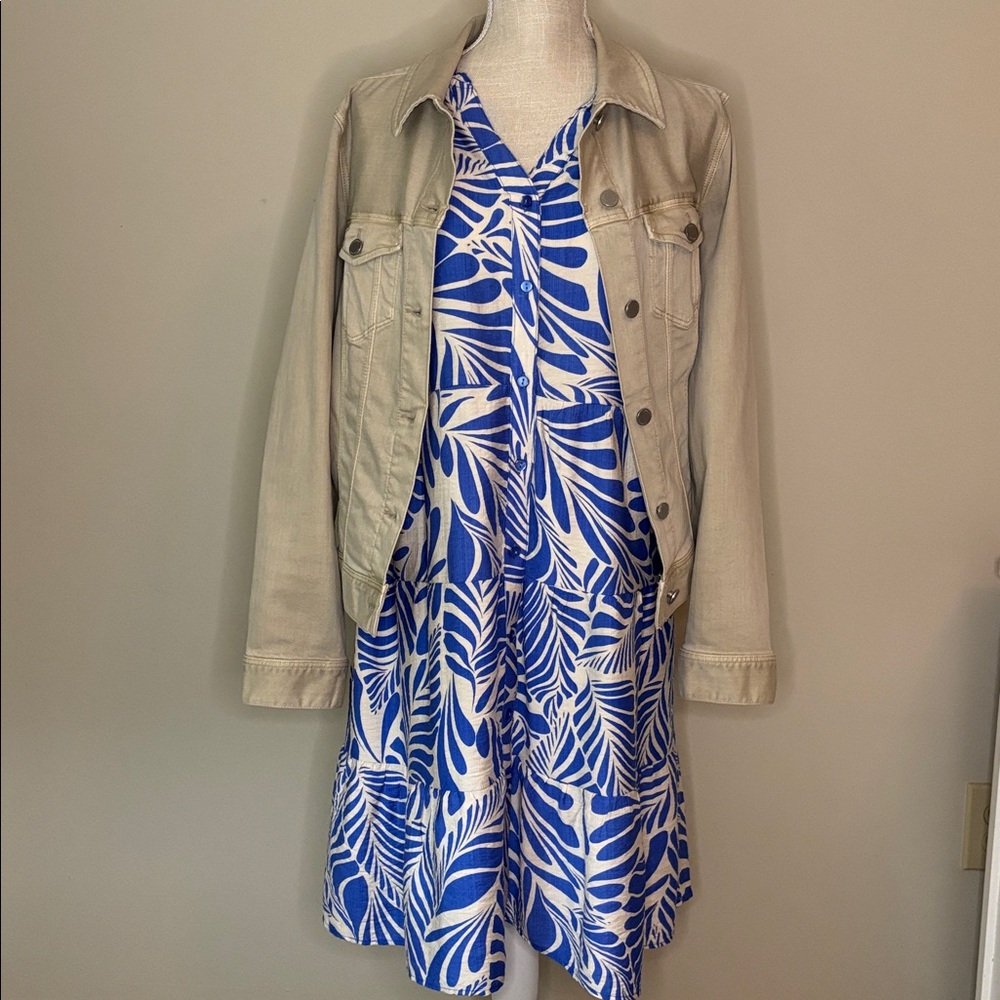 Mlle Gabrielle Vibrant Blue and White Patterned Tiered Midi Dress - Size large - Picture 11 of 12